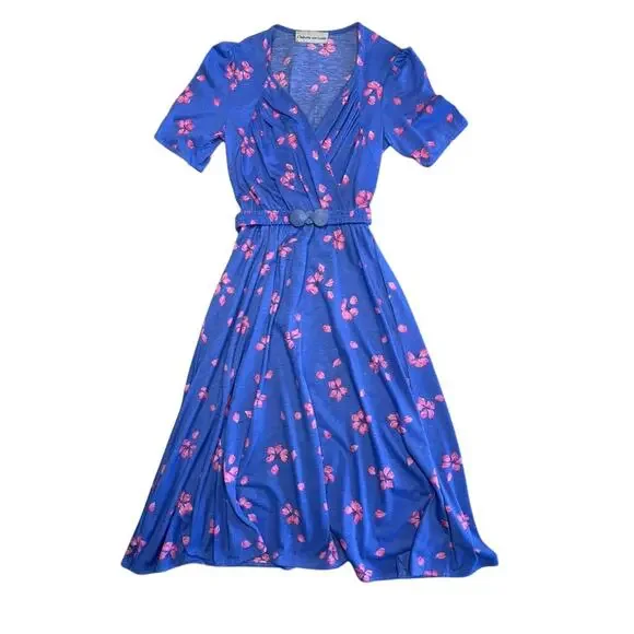 Christine Von Lumbe Vtg 80s Belted Floral Purple Pink Shell Buckle Dress Small - Picture 6 of 10